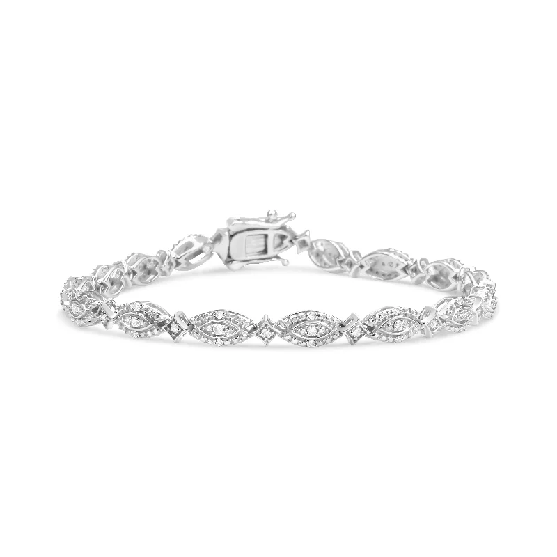 .925 Sterling Silver 1/2 Cttw Diamond Alternating Marquise and Starburst Shaped Link Bracelet