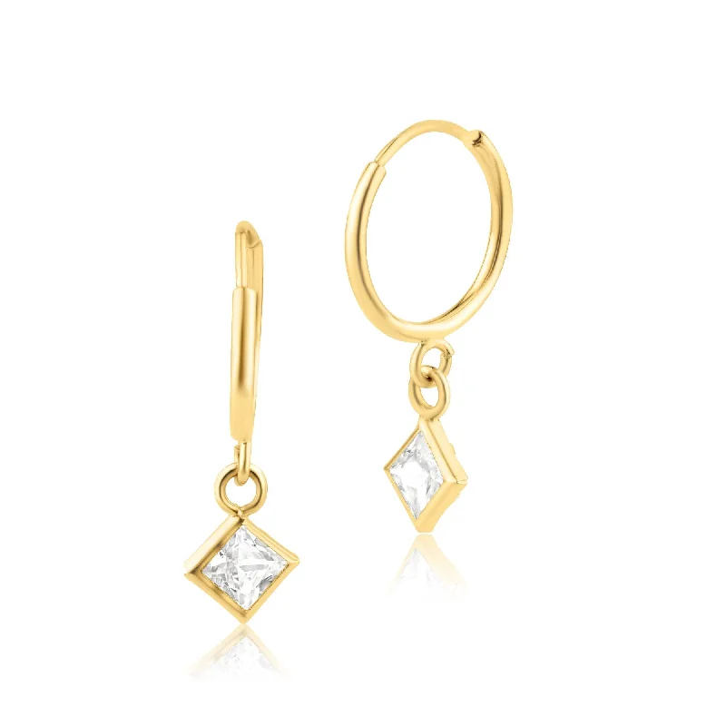 stud earrings for women -14E00218. - 14 Karat Yellow Gold CZ Huggie Hoop Dangling CZ Earring