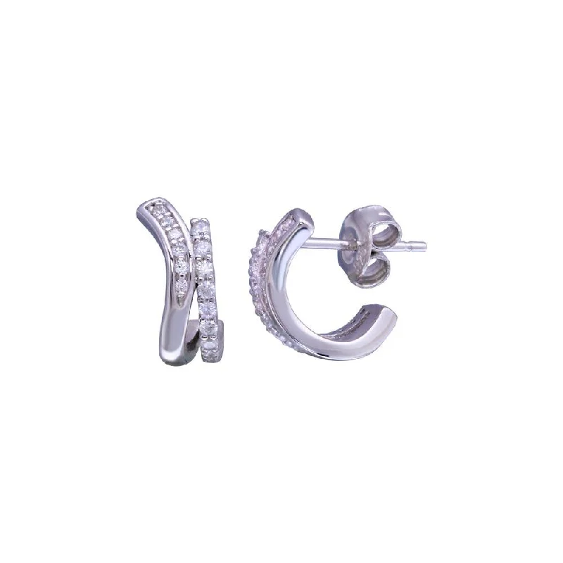 bold earrings for women -Rhodium Plated 925 Sterling Silver 2 Line Wave Semi huggie hoop CZ Stud Earring - STE01276