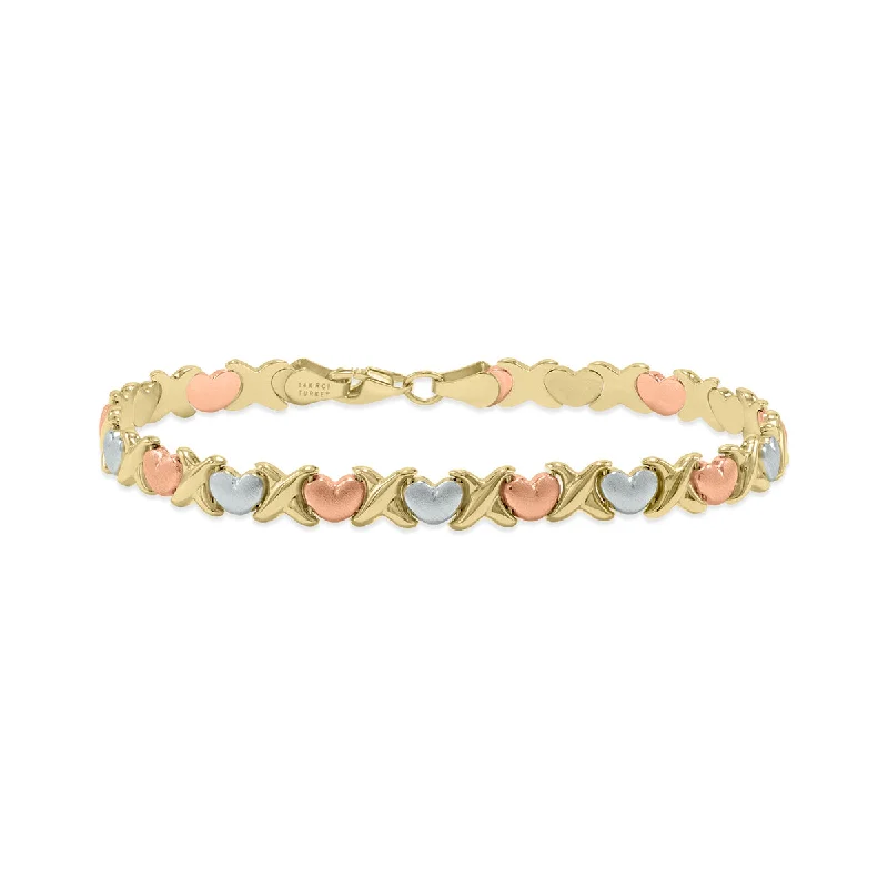 14K Tri-Color Gold X & O Heart Stampato Bracelet