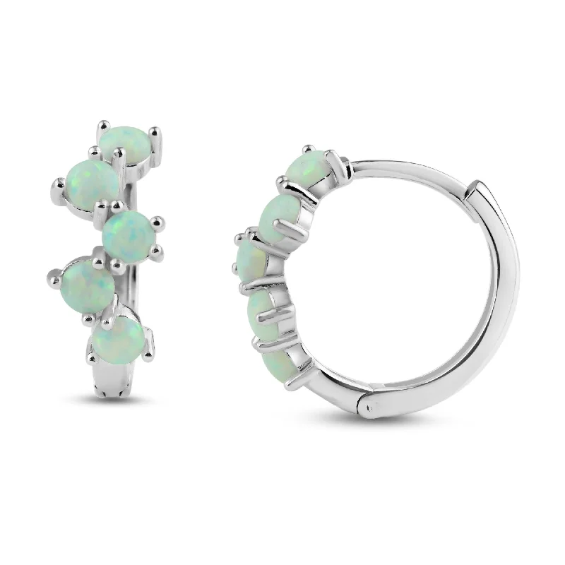 modern earrings for women -Rhodium Plated 925 Sterling Silver Alternating Opal Hoop Earring - BGE00738