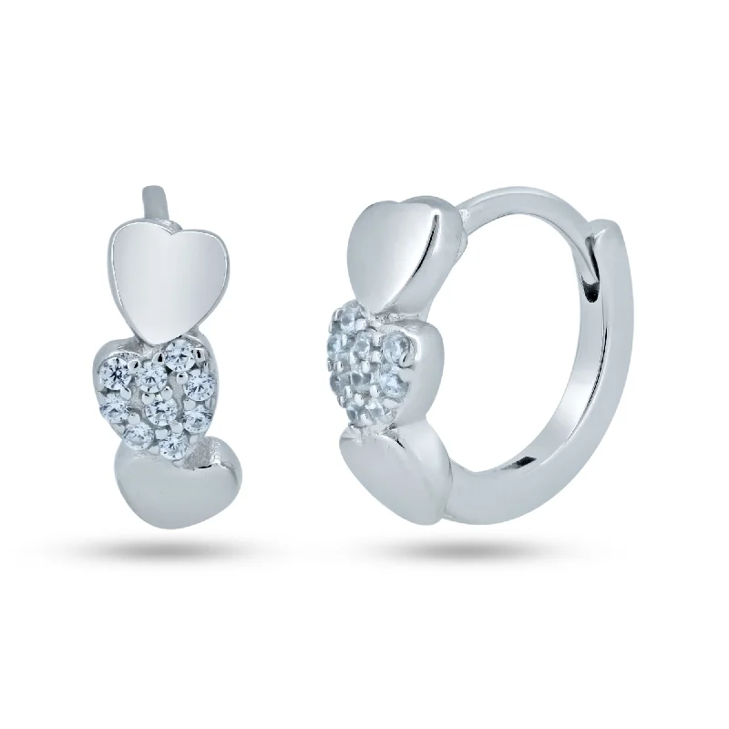 luxury crystal earrings for women -Sterling Silver Rhodium Plated Pave Huggie Hearts Hoop Earrings - STE01370