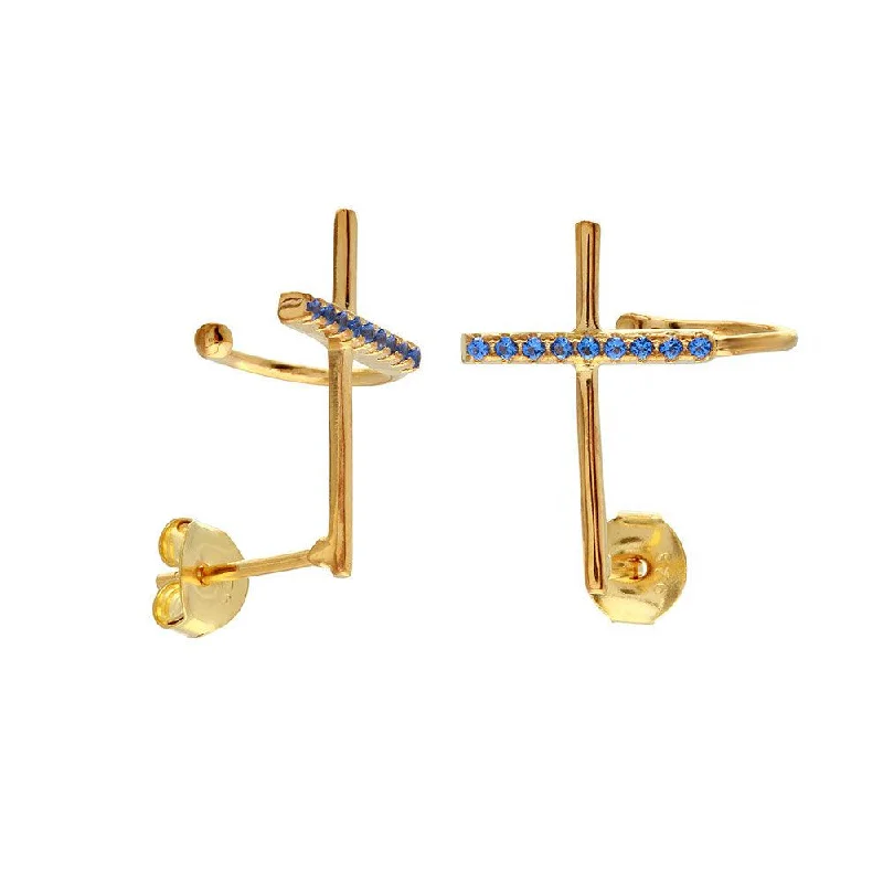 gold earrings for women -Silver 925 Gold Plated Climbing Cross Earrings with Blue CZ Stones - BGE00493