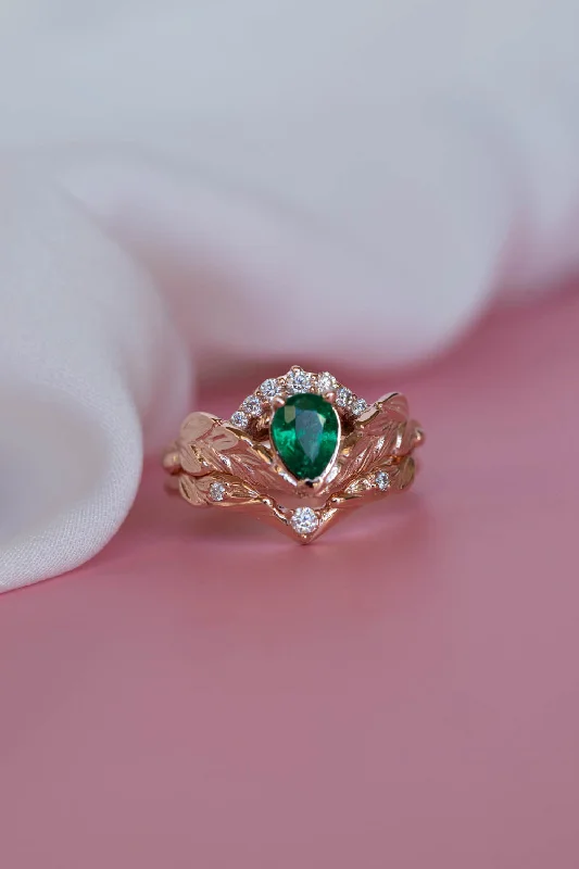 princess cut engagement rings for women -Natural emerald bridal ring set, diamond crown gold leaf engagement and wedding rings  / Palmira Crown