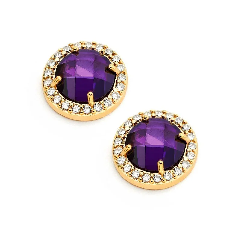 cute earrings for women -Silver 925 Gold Plated Channel Teardrop Purple CZ Dangling Stud Earrings - BGE00360P