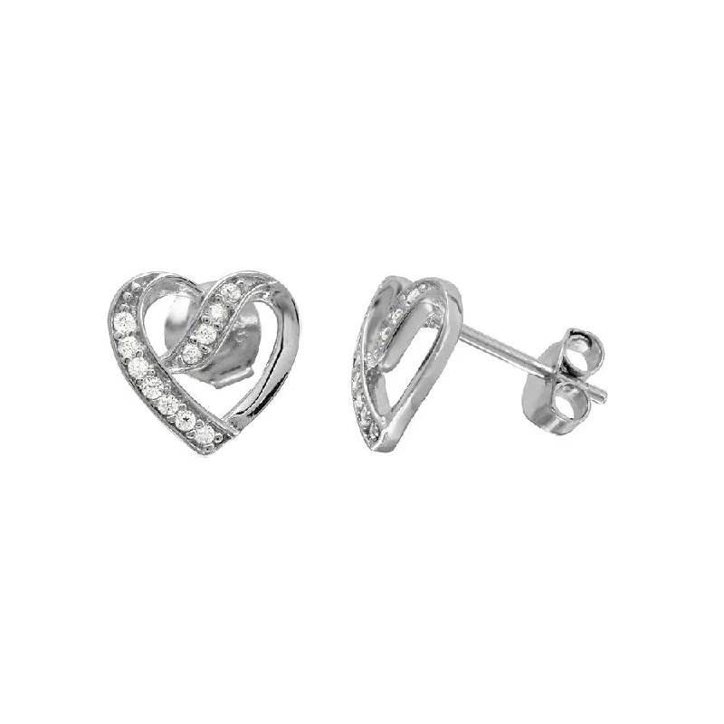 sparkling hoop earrings for women -Rhodium Plated 925 Sterling Silver CZ Open Overlap Heart Stud Earrings - BGE00503