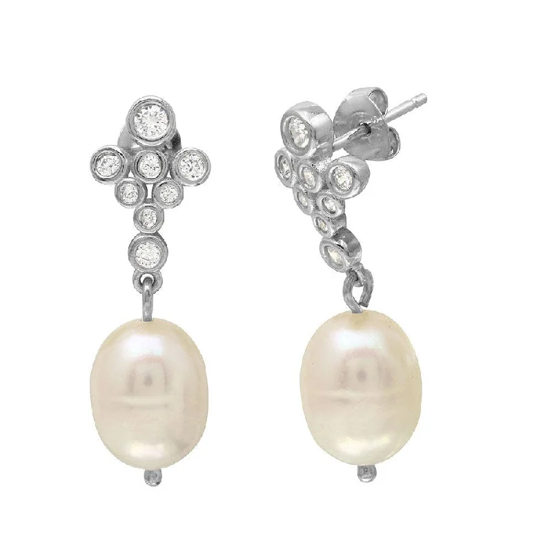 classic earrings for women -Rhodium Plated 925 Sterling Silver Bubble Stud Earrings with Dangling Fresh Water Pearls - BGE00512