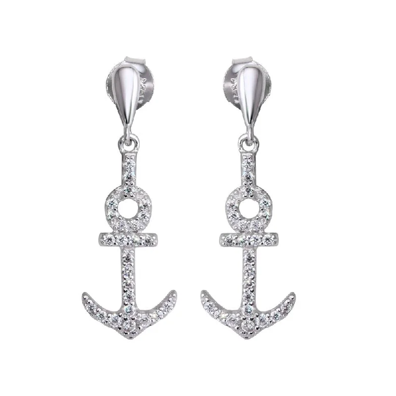 women’s bridal earrings -Rhodium Plated 925 Sterling Silver Dangling Anchor Earrings with CZ - BGE00593