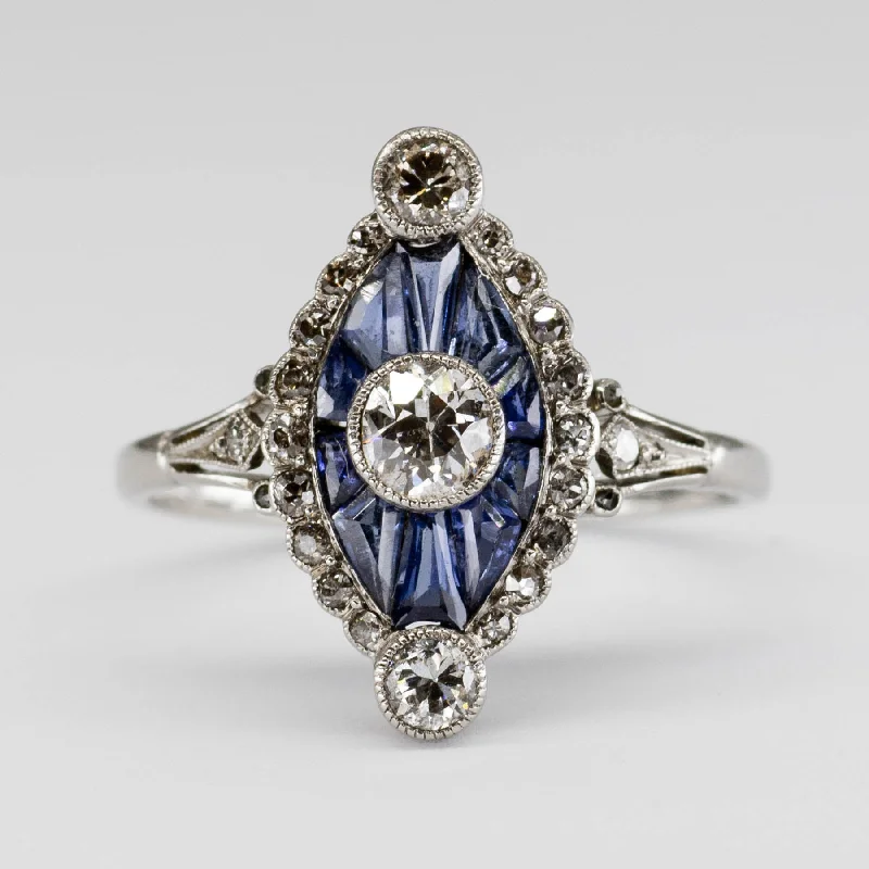 Art Deco Platinum Diamond and Sapphire Ring with French Hallmarks | SZ 7 | 1.32 ctw