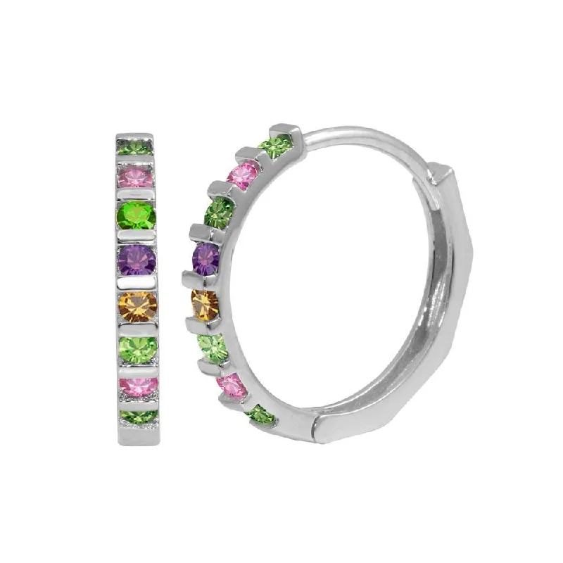 bridal earrings for women -Rhodium Plated 925 Sterling Silver Multi-Colored CZ huggie hoop Earrings - GME00063RBC