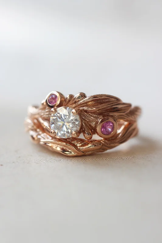 bridal engagement rings -Bridal ring set with lab grown diamond and pink sapphires / Olivia