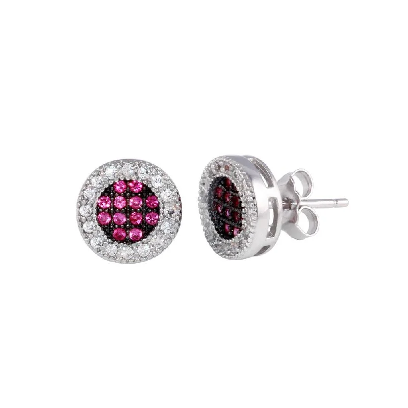 geometric stud earrings for women -Rhodium Plated 925 Sterling Silver Clear and Red CZ Halo Stud Earrings - BGE00631RED