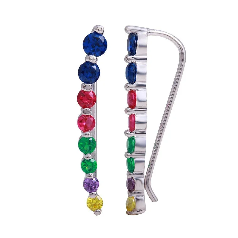 vintage-inspired earrings for women -Rhodium Plated 925 Sterling Silver Round Multi-Colored CZ Stone Climbing Earrings - GME00116RBC