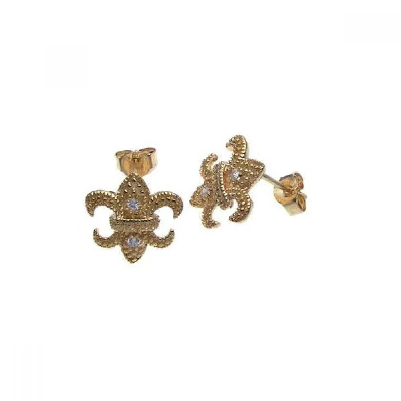 heart-shaped earrings for women -Silver 925 Gold Plated Fleur De Lis CZ Post Earrings - STE00571GP