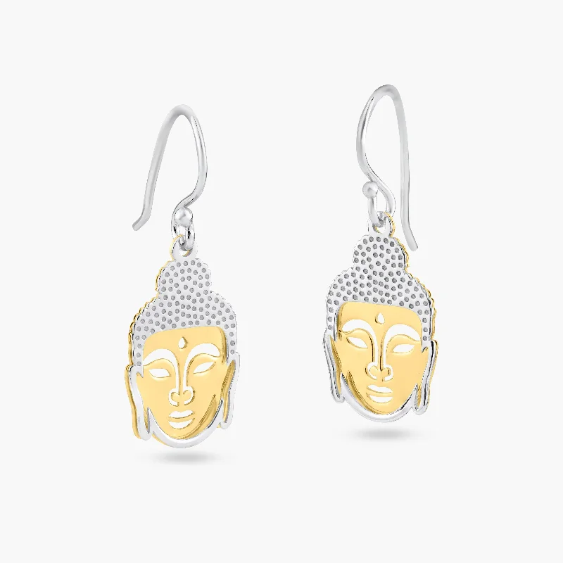 elegant gold earrings for women -Two-Tone 925 Sterling Silver Flat Buddha Earrings - SOE00005