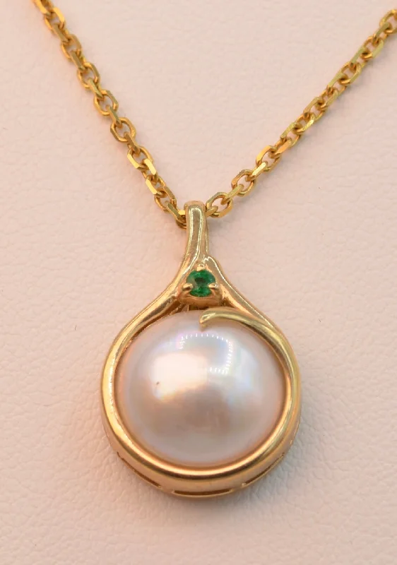 engagement pendant necklaces for women -14K yellow gold Moby Pearl pendant with 15mm Moby Pearl and one deep green Emerald trim