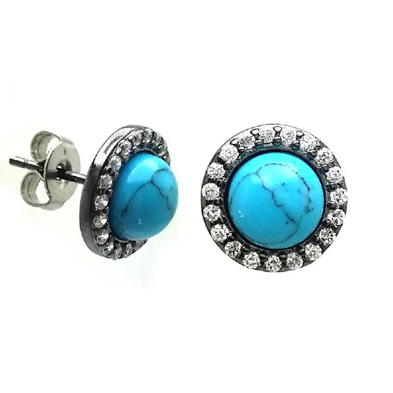 geometric earrings for women -Silver 925 Black Rhodium Plated Round Clear CZ Turquoise Center Stud Earrings - BGE00408