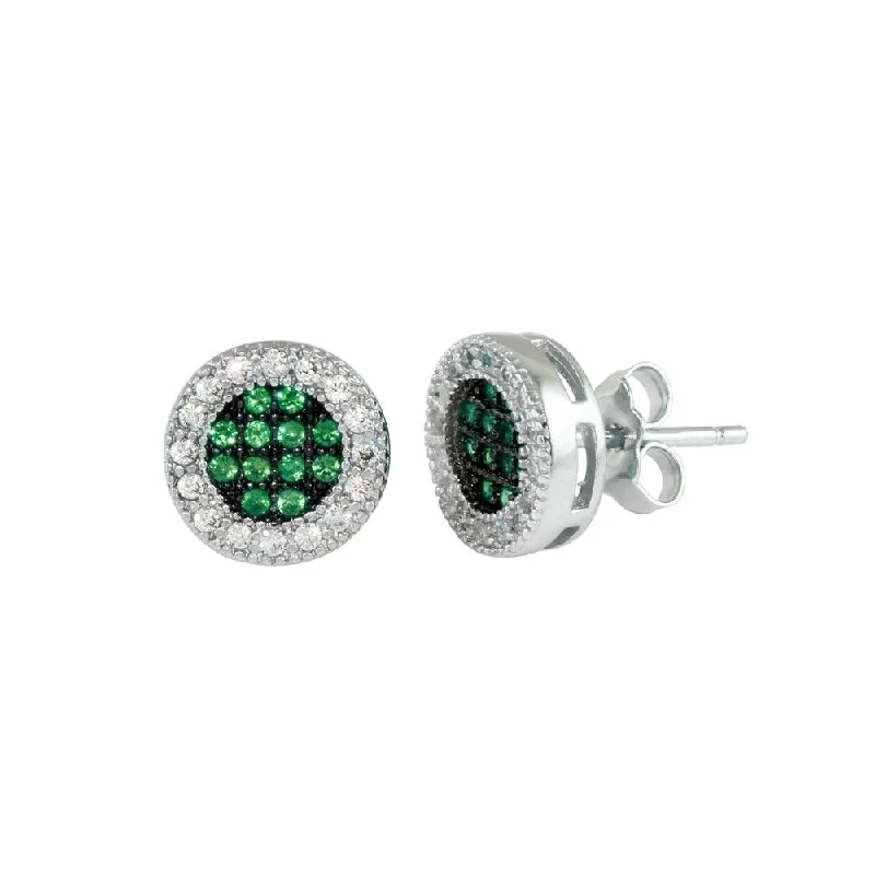 bold earrings for women -Rhodium Plated 925 Sterling Silver Clear and Green CZ Halo Stud Earrings - BGE00631GRN