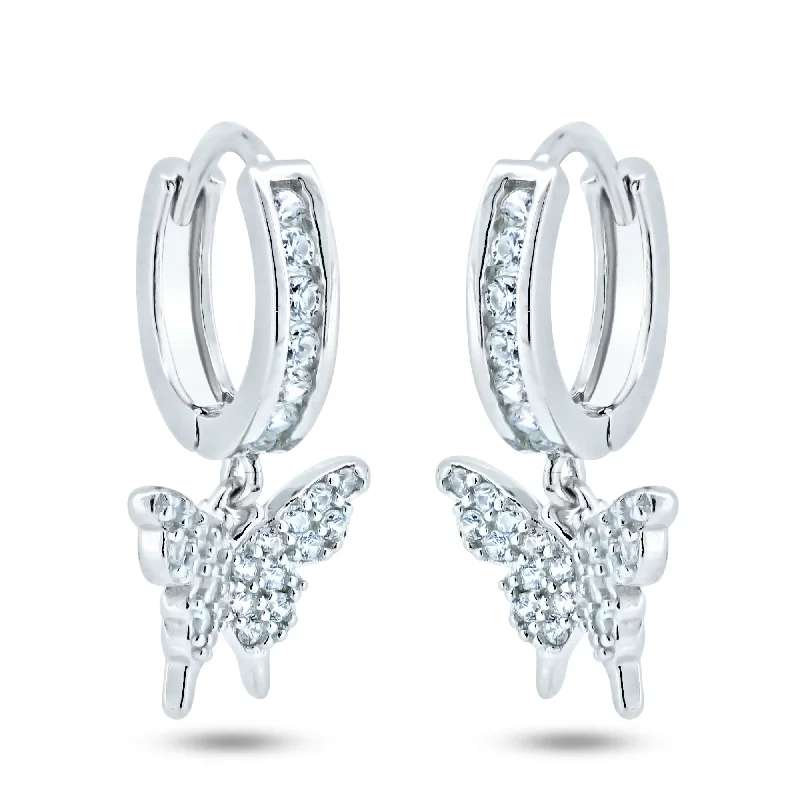 fashion-forward earrings for women -Sterling Silver Rhodium Plated Dangling Butterfly Huggie Earrings - GME00152