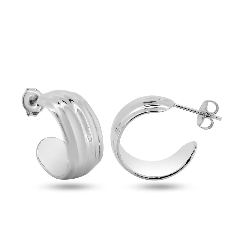 flower-shaped earrings for women -Rhodium Plated 925 Sterling Silver Dome Semi Hoop Earrings - GME00142