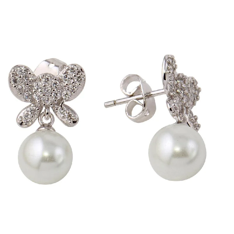 sparkling drop earrings for women -Rhodium Plated 925 Sterling Silver Butterfly Earrings with Dangling Synthetic Pearl - BGE00422