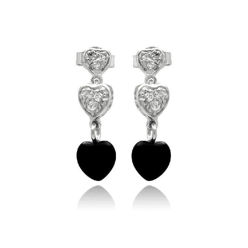 simple earrings for women -Silver 925 Rhodium Plated Graduated Heart Round Clear CZ Black Onyx Dangling Stud Earrings - STE00771