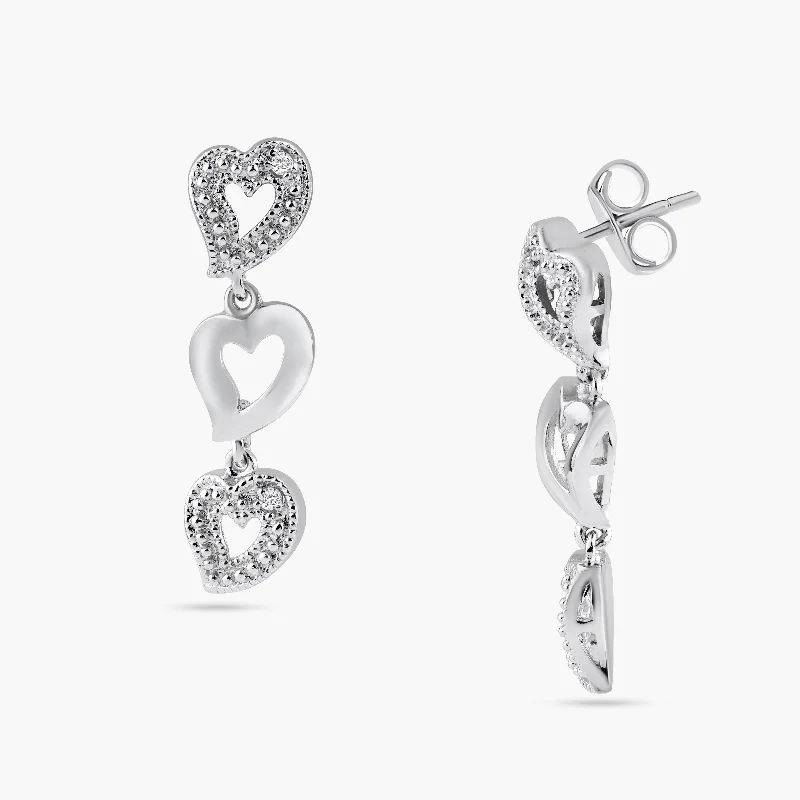 bridal earrings for women -Silver 925 Rhodium Plated Clear Multiple Open Heart CZ Stud Dangling Earrings - BGE00025