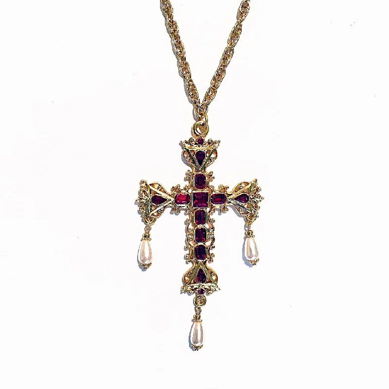 elegant heart-shaped necklaces for women -Venetian Cross Necklace with Crystals and faux Pearls