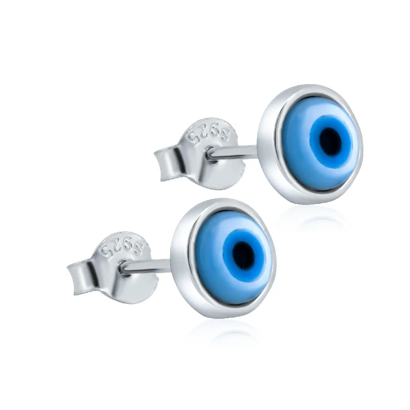 silver stud earrings for women -Rhodium Plated 925 Sterling Silver Round Evil Eye Mother of Pearl Stud Earrings - AAE00012