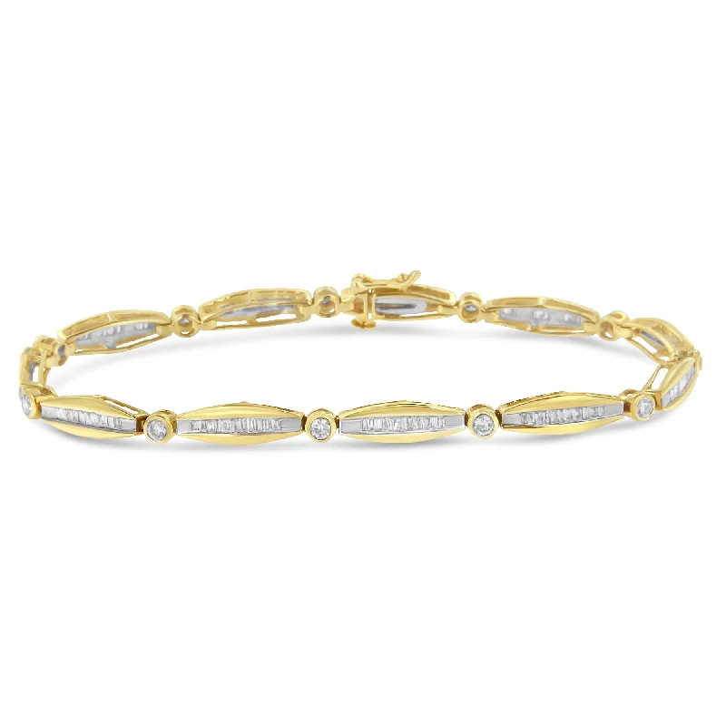 14K Yellow Gold 1-1/2 Cttw Round Brilliant-Cut & Baguette Cut Diamond Bezel and Tapered Link 7" Tennis Bracelet