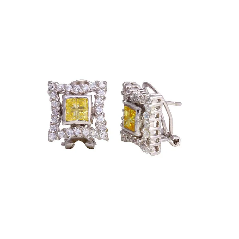 elegant hoop earrings for women -Final Price-Rhodium Plated 925 Sterling Silver Yellow Square DC CZ Design Men's Earrings - STEM138YLW