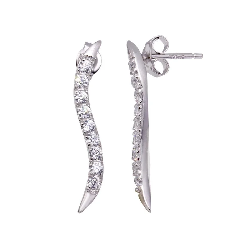 custom-made earrings for women -Silver 925 Rhodium Plated CZ Thin Wavy Stud Earrings - STE00010