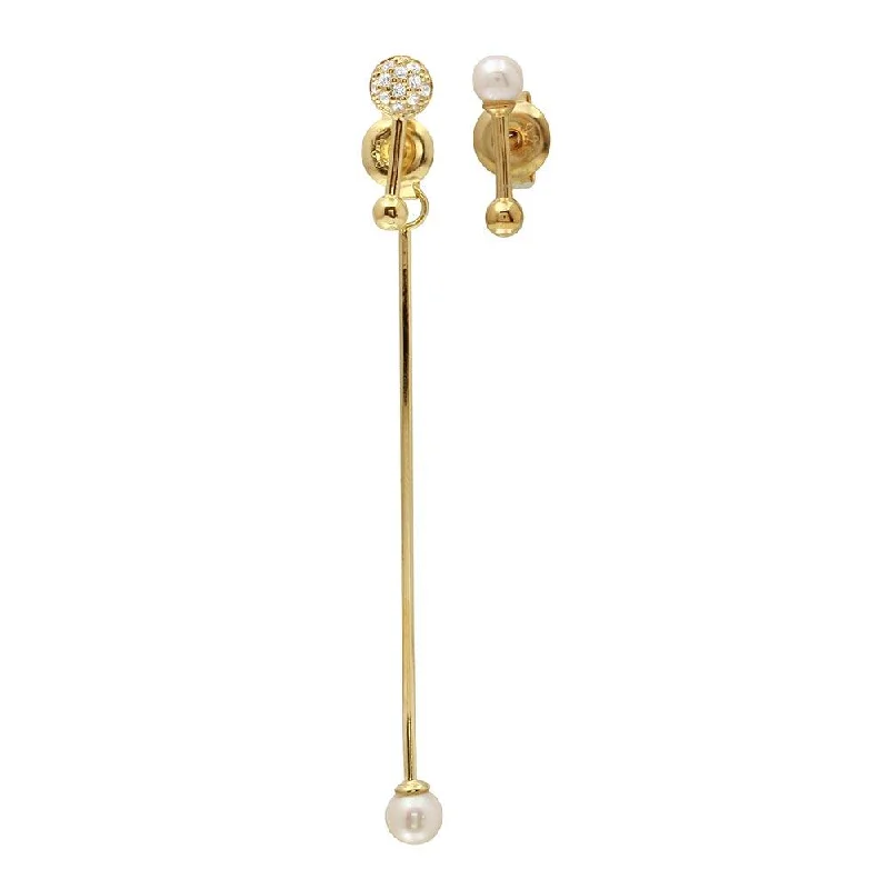 chunky earrings for women -Gold Plated Asymmetrical Front and Back Pin Earrings with CZ and Synthetic Pearl - GME00092GP