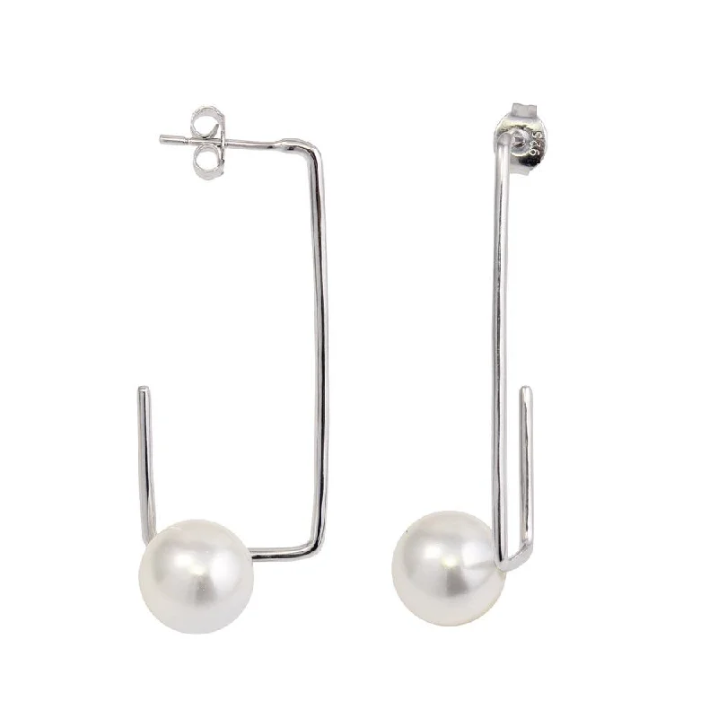 dangling gold earrings for women -Rhodium Plated 925 Sterling Silver Rectangular Dangling Earrings with Synthetic Pearl - STE01132