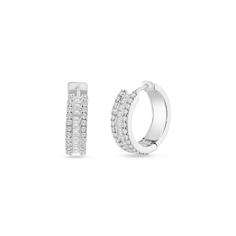 pearl earrings for women -Rhodium Plated 925 Sterling Silver Pave Huggie Hoop Earring 20mm - STE01336