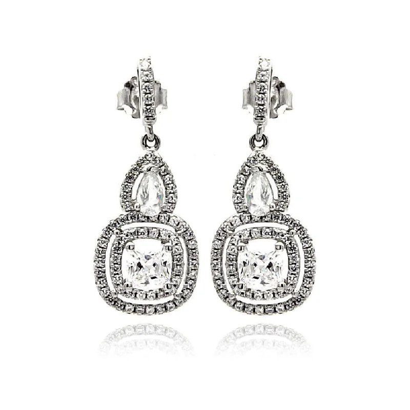 gold earrings for women -Silver 925 Rhodium Plated Micro Pave Clear Teardrop Square CZ Dangling Stud Earrings - ACE00076