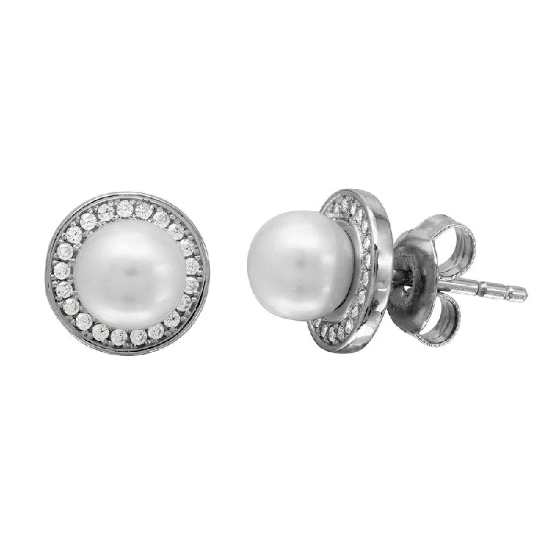 heart-shaped earrings for women -Rhodium Plated 925 Sterling Silver Halo CZ Stud Earrings with Fresh Water Center Pearl - GME00101