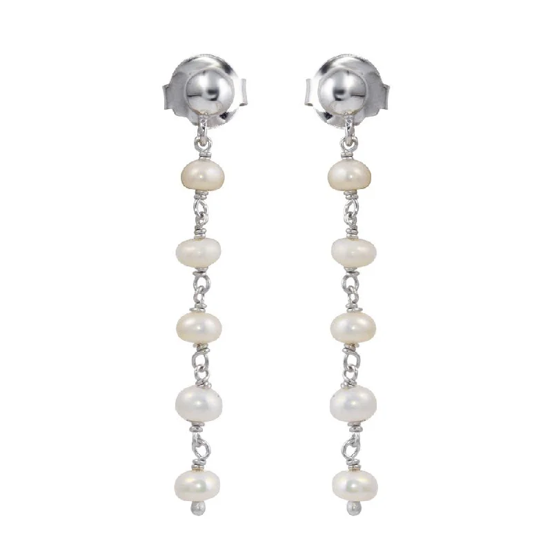 trendy gold earrings for women -Rhodium Plated 925 Sterling Silver Dangling Synthetic Pearl Earrings - DIE00006RH-PRL