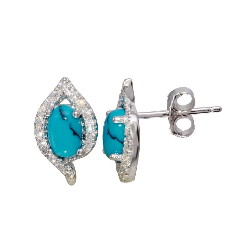 handmade earrings for women -Rhodium Plated 925 Sterling Silver Stud Earrings with Turquoise and CZ Stones - BGE00577TQ