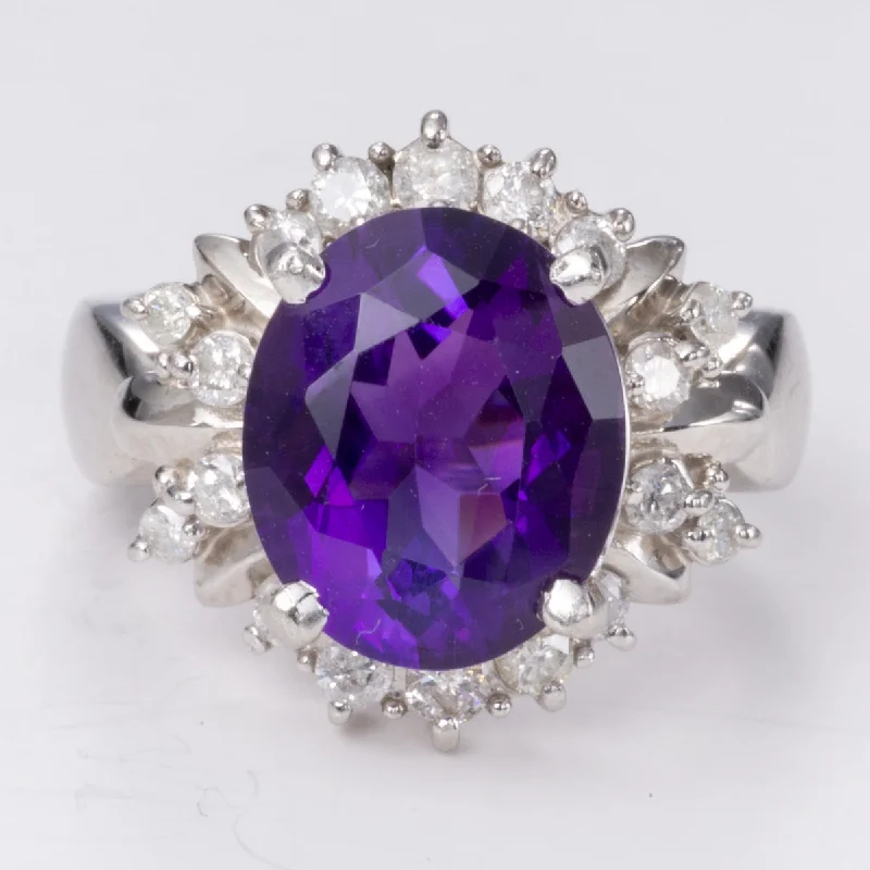 Oval Amethyst and Diamond Halo Platinum Ring | 4.32 ct, 0.58 ctw | SZ 6