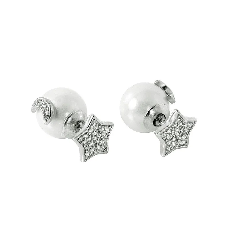 glamorous earrings for women -Silver 925 Rhodium Plated Star Moon Pearl Stud Earrings - STE00983