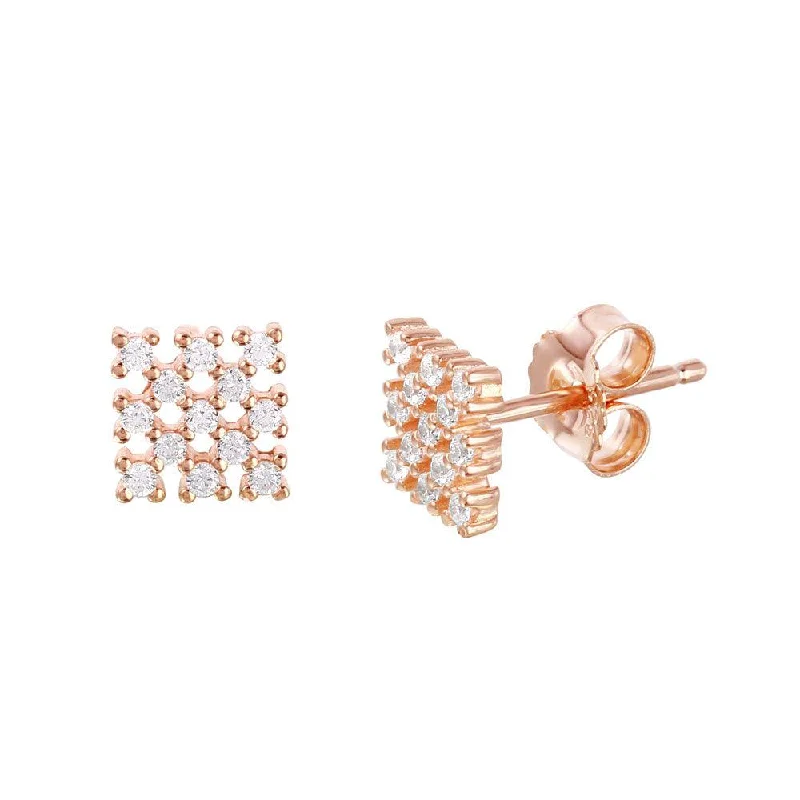 sapphire earrings for women -Silver 925 Rose Gold Plated Small Square Checkered CZ Stud Earrings - ACE00078RGP