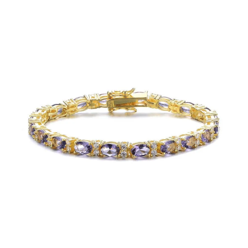 Sterling Silver 14k Yellow Gold Plated Tennis Bracelet with Colored and Clear Oval Cubic Zirconia in Alternation