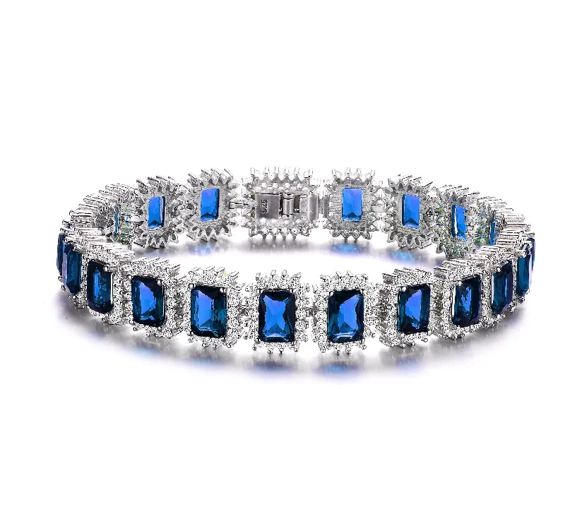 Sterling Silver with Blue Sapphire & Diamond Cubic Zirconia Rectangular Halo Cluster Link Vintage Tennis Bracelet