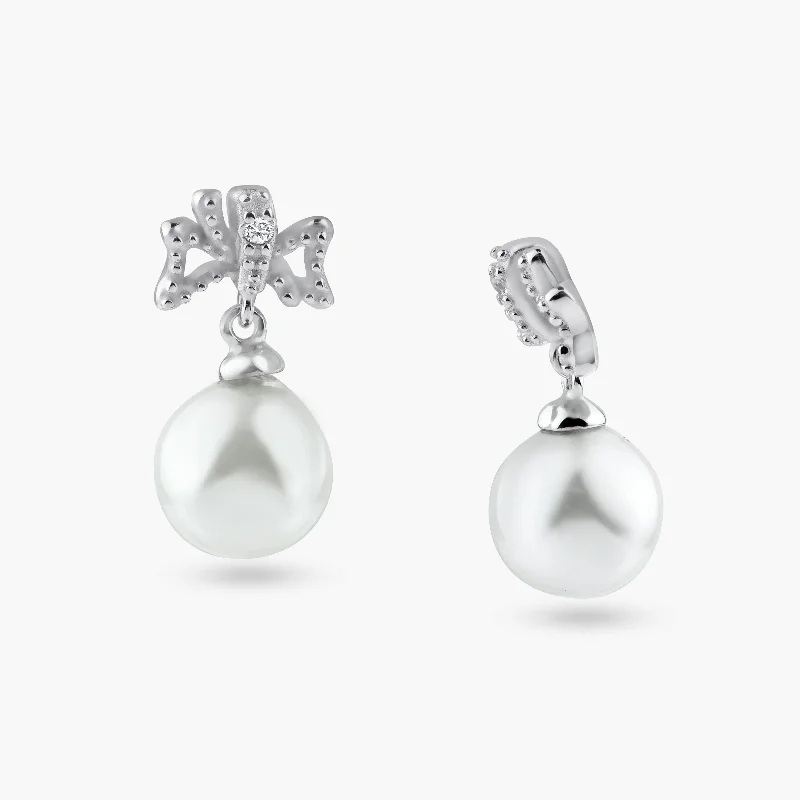 bold earrings for women -Silver 925 Rhodium Plated Ribbon CZ Hanging Pearl Stud Earrings - BGE00421