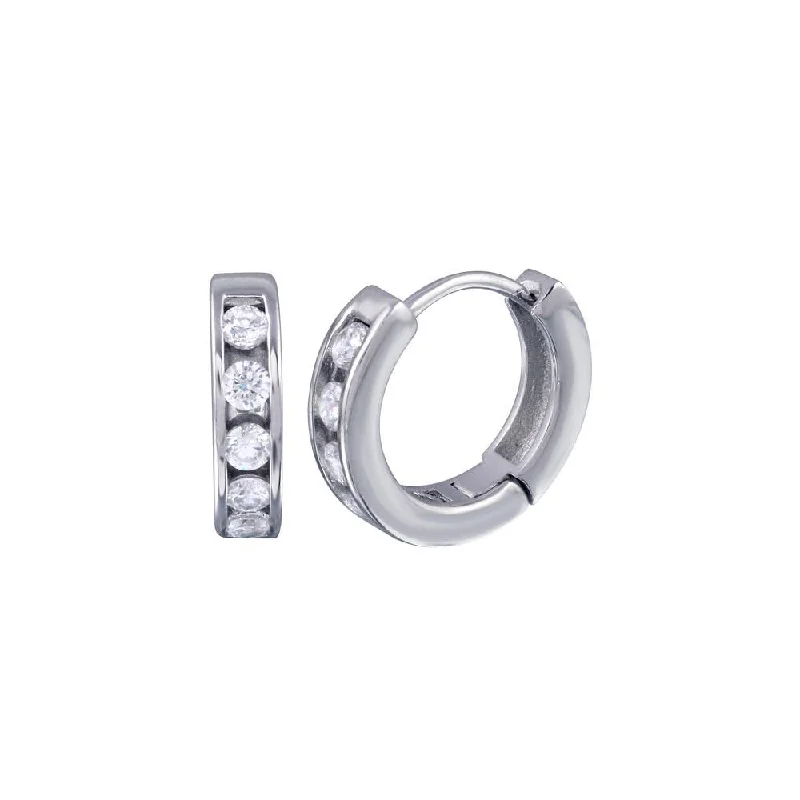 gold stud earrings for women -Silver 925 Rhodium Plated Channel Clear CZ huggie hoop Earrings - AAE00008-10MM