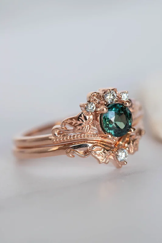 affordable engagement ring sets -Teal sapphire bridal ring set, rose gold engagement ring with sapphire and diamonds  / Ariadne