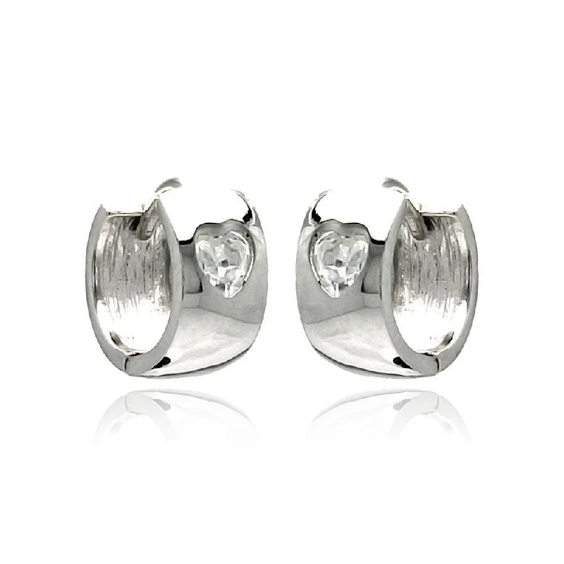 modern earrings for women -Silver 925 Rhodium Plated Hear Clear CZ huggie hoop Earrings - STE00879