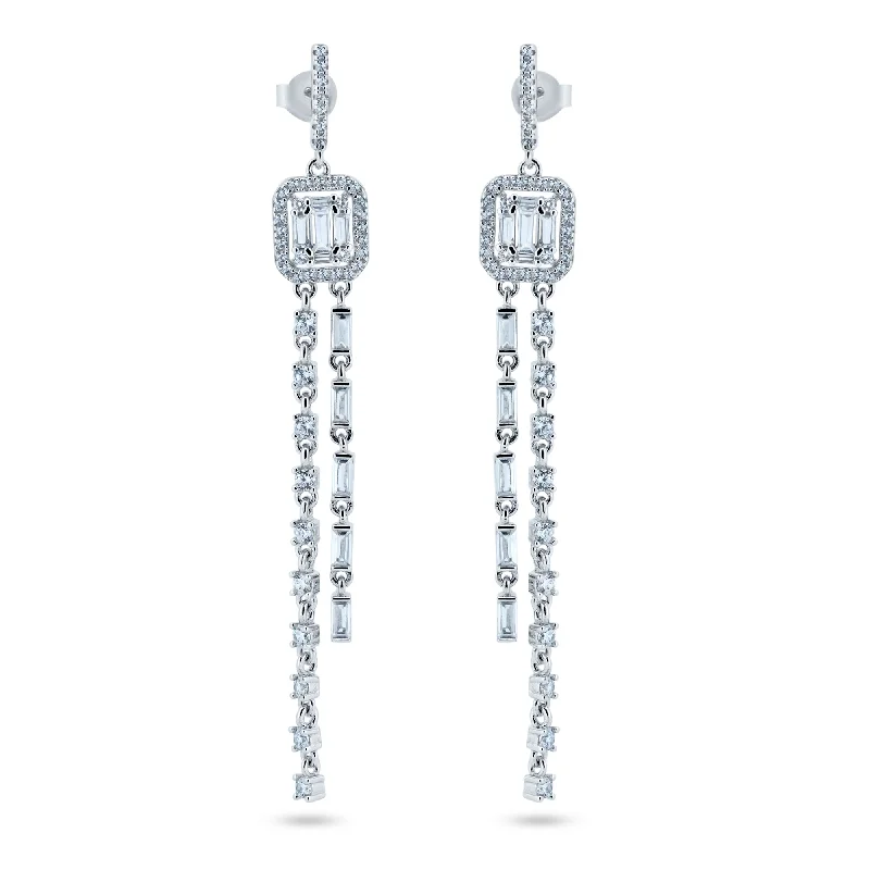 designer diamond earrings for women -Rhodium Plated 925 Sterling Silver Dangling CZ Earrings - BGE00744