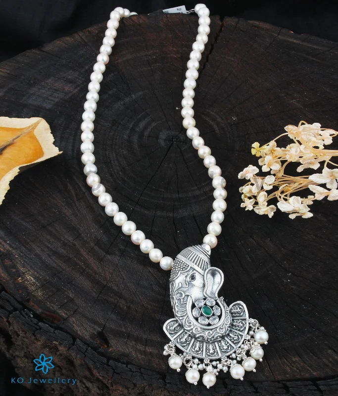 sophisticated necklaces for women -The Vighnaharta Silver Ganesha Pearl Necklace